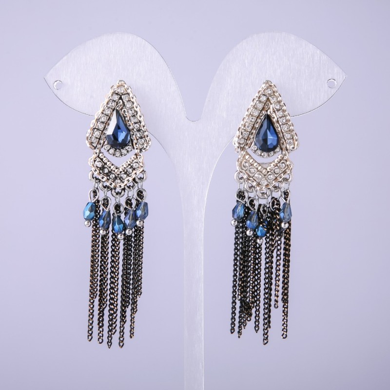 Eastern-style earrings with blue crystals, length 70 mm