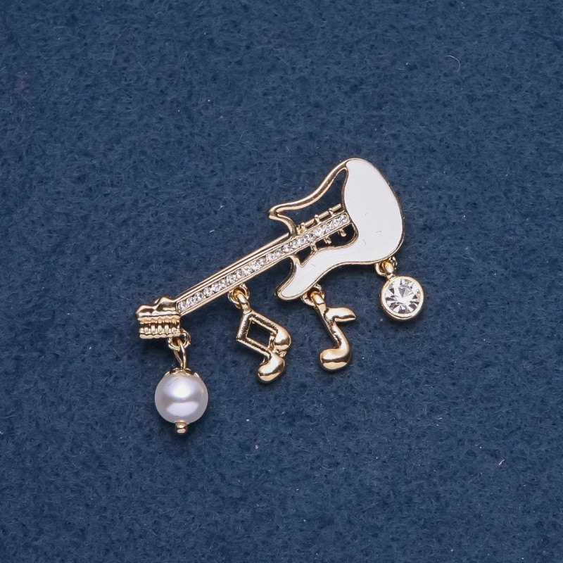 Brooch, Music Series 'Guitar with Pendants' 45x16mm Metal Color 'Gold'
