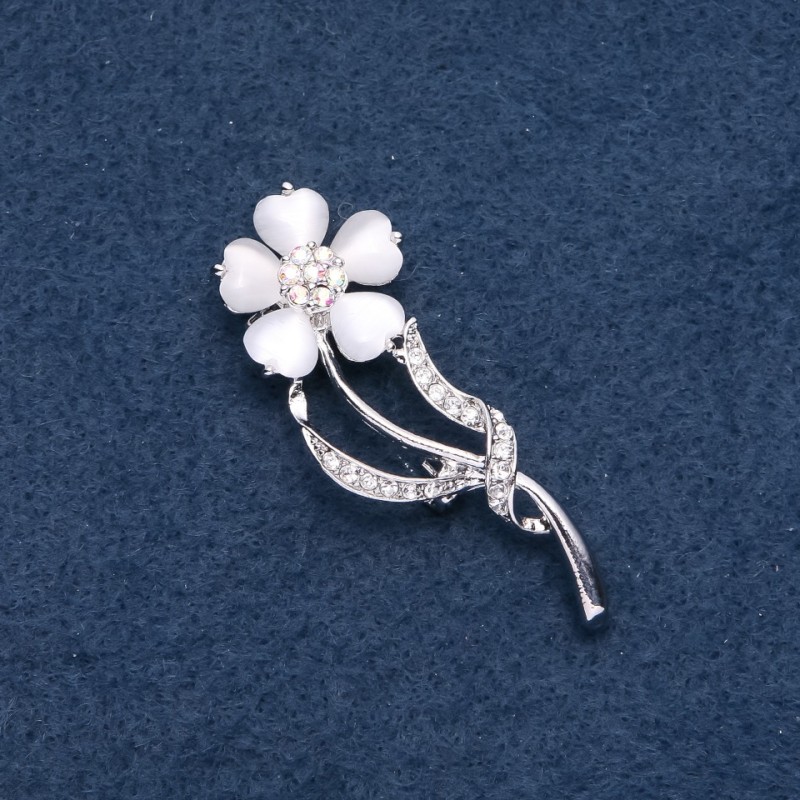 Brooch with White Cat's Eye Stone, Forget-me-not, 56x20mm, Metal Color 'Silver'