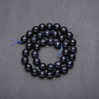Aventurine Beads 'Blue Sand – Cairo Night' on Thread, Faceted Bead, 9.5 mm Diameter, 35 cm Length