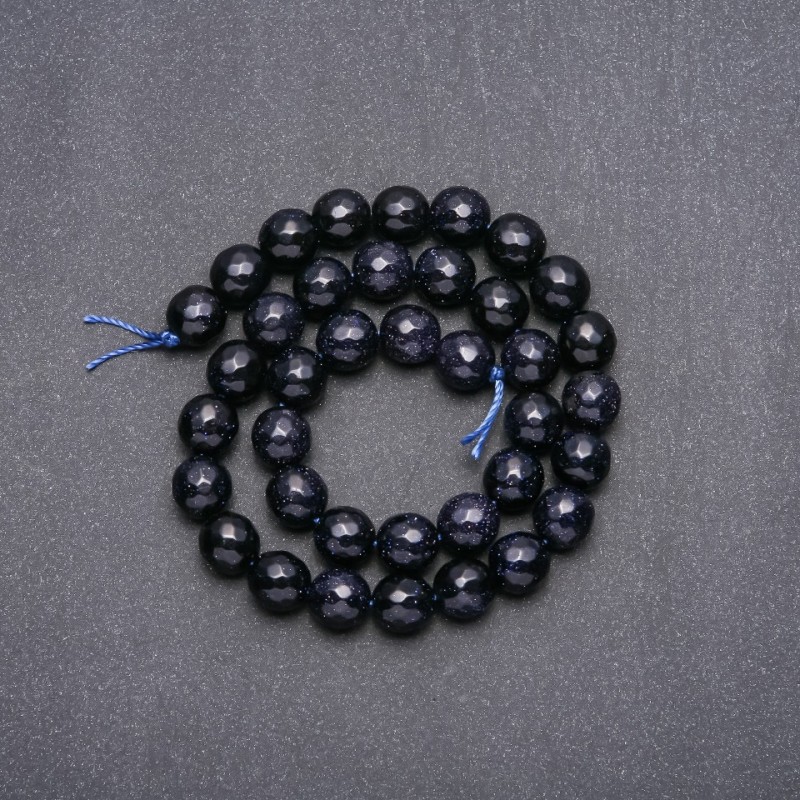 Aventurine Beads 'Blue Sand – Cairo Night' on Thread, Faceted Bead, 9.5 mm Diameter, 35 cm Length