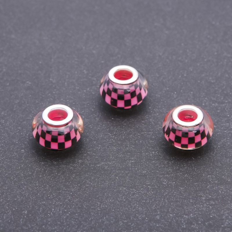 Pink Pandora bead 'Checkmate' plastic, diameter 13 mm, hole diameter 5 mm, pack 11 pcs