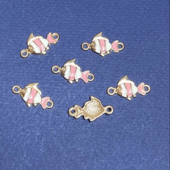 Discount! Findings: Fish Connector Pink Enamel 22x13mm, Pack of 6, Yellow Metal