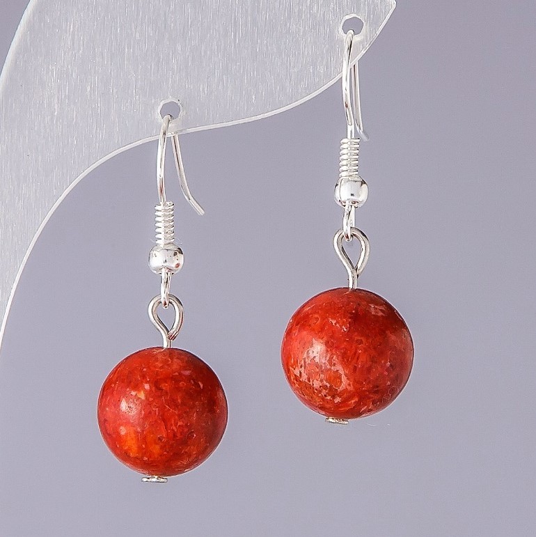 Natural sponge coral earrings, smooth spheres, 14 mm diameter, 3 cm length