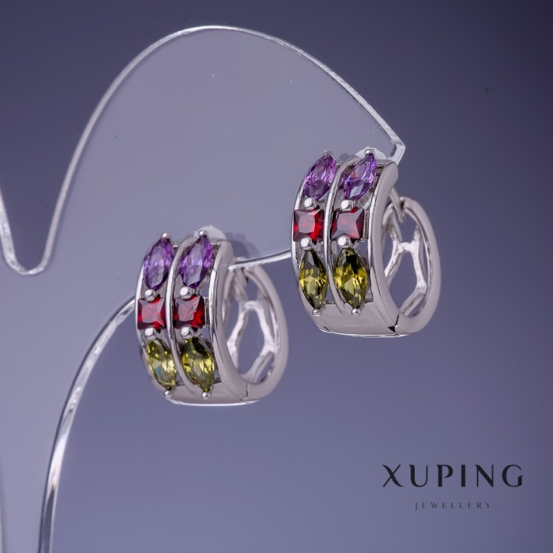 Xuping Earrings with Multicolored Stones, 9x17 mm Rhodium