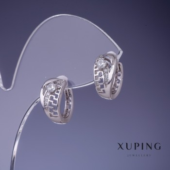 Xuping Earrings with Greek Pattern, 7x14 mm, rhodium-plated with white crystals