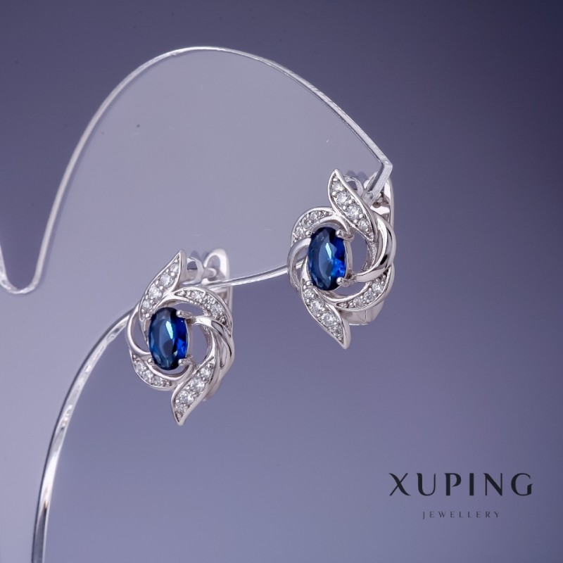 Xuping Earrings with Blue Crystals 17x11mm Rhodium-Plated