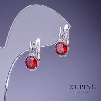Xuping Earrings with Red Crystals, 16x8 mm, Rhodium-Plated