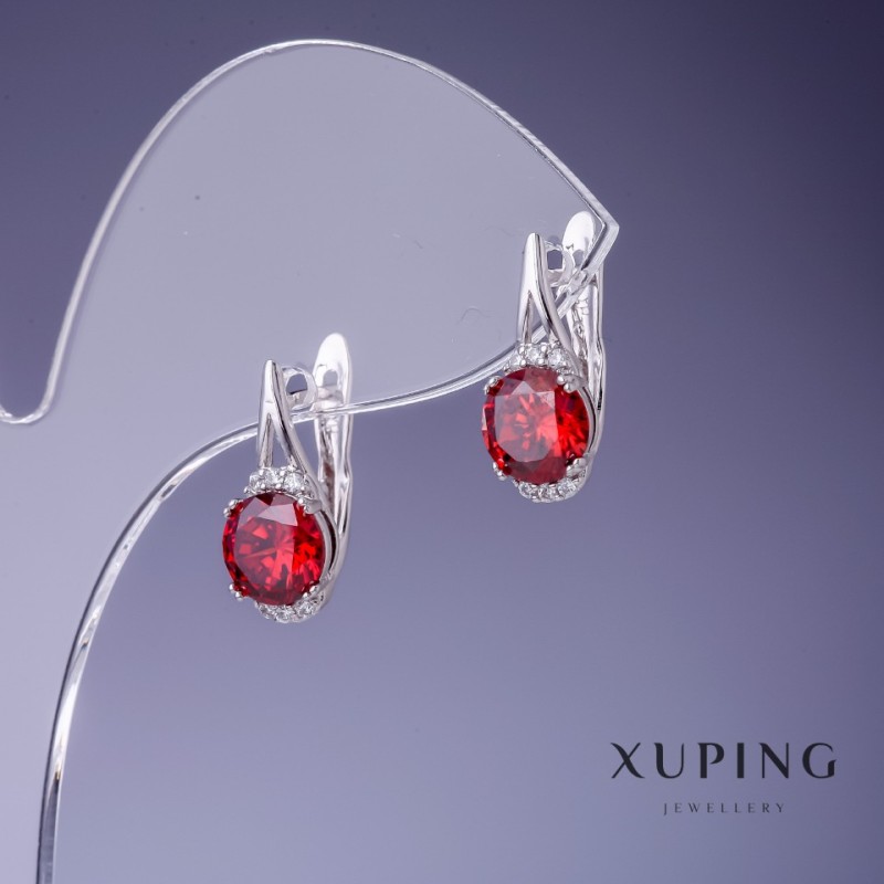 Xuping Earrings with Red Crystals, 16x8 mm, Rhodium-Plated