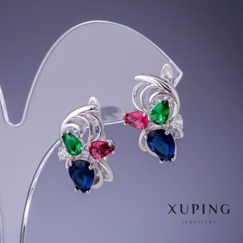 Xuping Earrings with Multicolored Crystals, 20x14 mm Rhodium-Plated