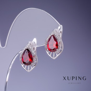 Xuping Earrings with Red Crystals, Rhodium-Plated, 17x12 mm