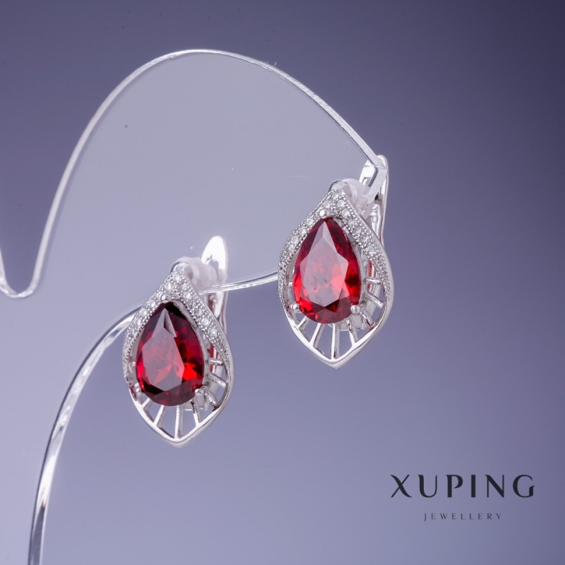 Xuping Earrings with Red Crystals, Rhodium-Plated, 17x12 mm