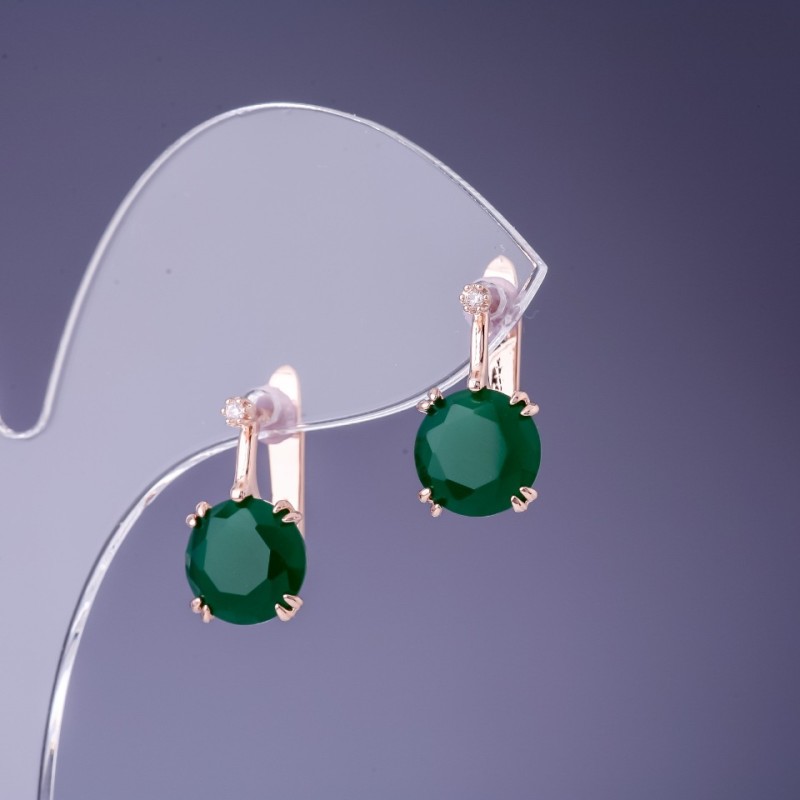 Earrings with green crystals 16x9 mm in golden metal