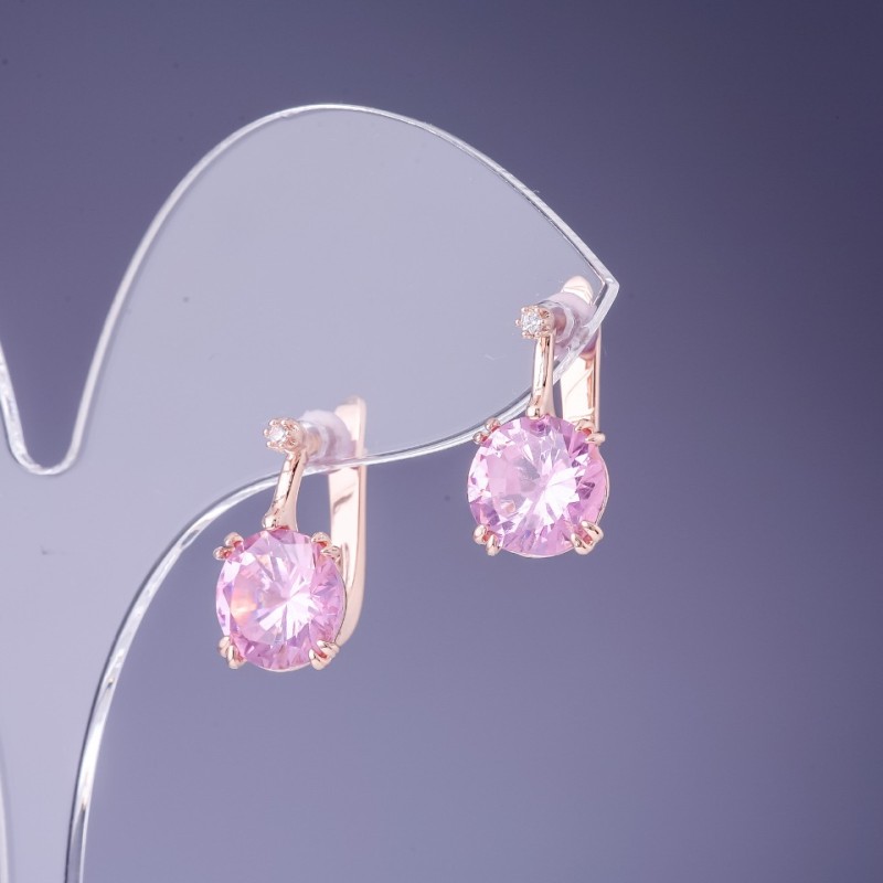 Earrings with pink crystals 16×9 mm in gold-tone metal