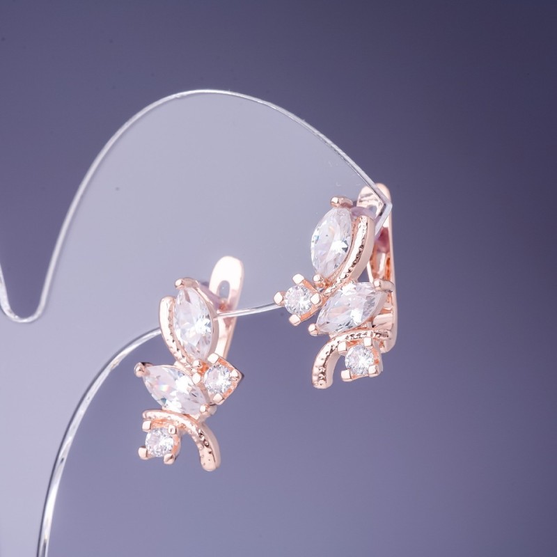 Earrings with white crystals, 19x12 mm, in gold-toned metal