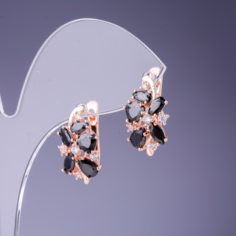 Earrings with black crystals, 19×10 mm, gold-tone metal