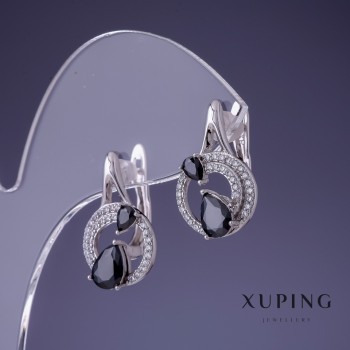 Discount! Xuping rhodium-plated earrings with black stone, 20x12 mm