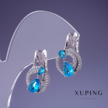 Xuping Zircon Blue Topaz Earrings 20x12 mm Rhodium