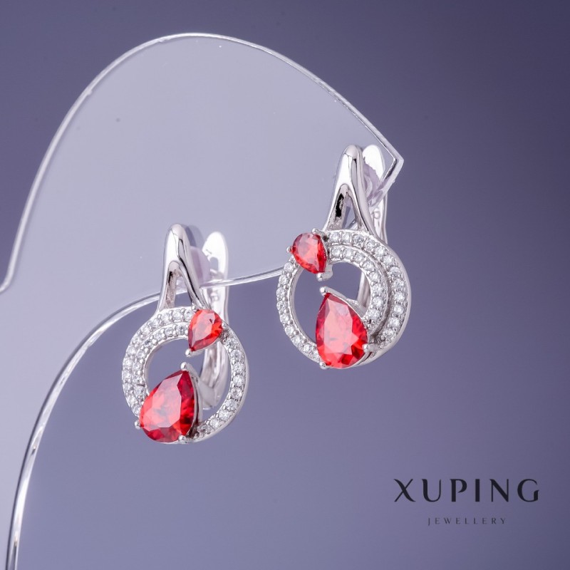 Discount! Xuping Earrings 13x21mm Rhodium with Red Stone