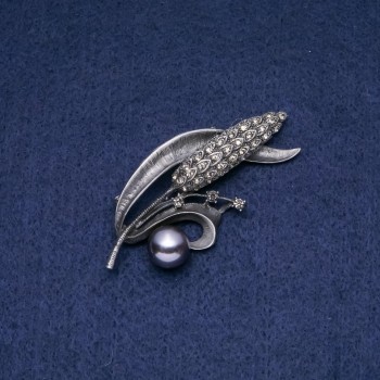 Discount! Ear of Corn Brooch-Pendant with Black Majorca Pearls 'Majorca 68x30mm'