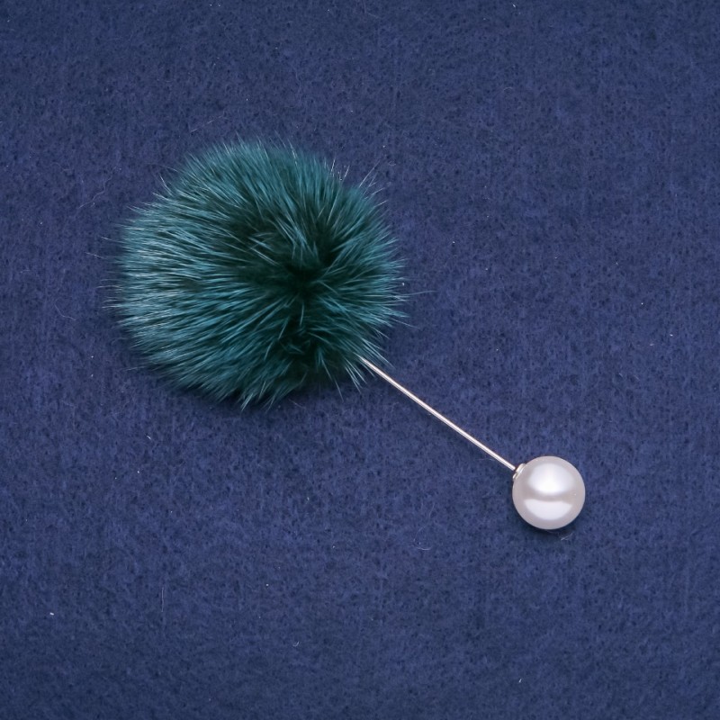 Discount! Green mink fur brooch with pin, 50mm diameter, 90mm length