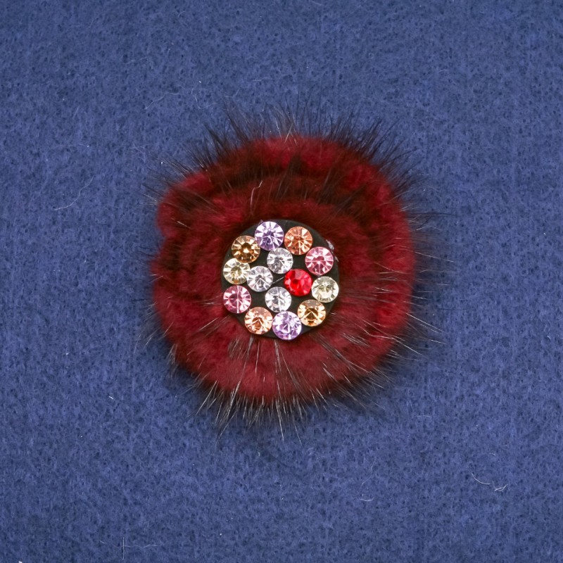 Sale! Burgundy Mink Fur Brooch with Crystals, Diameter 60mm