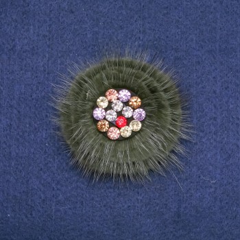 Sale! Green mink fur brooch with crystals, 60 mm diameter