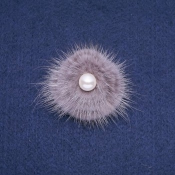 Discount! Gray mink fur brooch with bead, 50 mm diameter