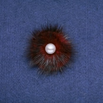 Sale! Burgundy mink fur brooch with bead, 50 mm diameter