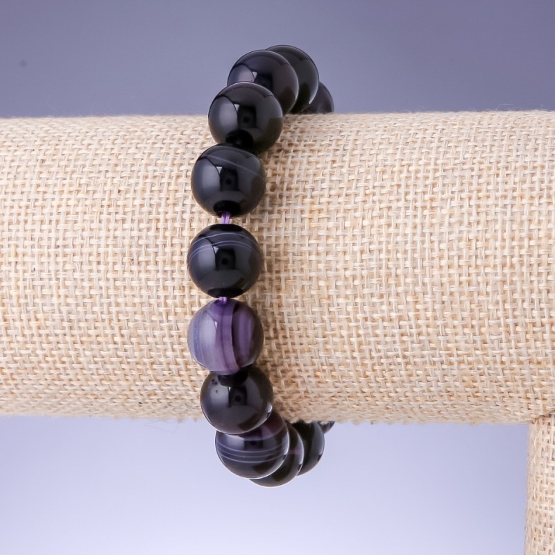 Purple Bullseye Agate Bracelet, Smooth Bead, 12 mm Diameter, 18 cm Circumference on Elastic
