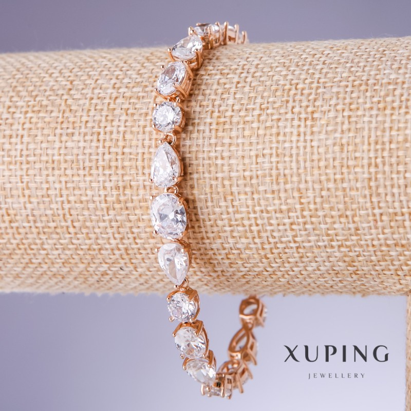 Xuping Bracelet with White Zircons, 7 mm Thickness, Length 18.5–20 cm, 18K Gold Plating