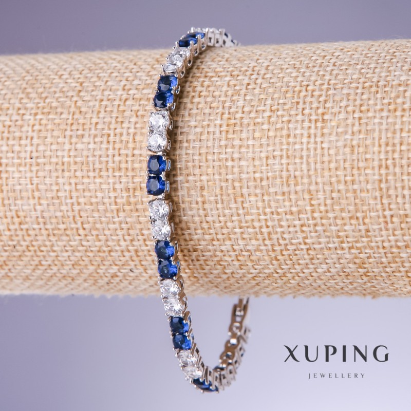 Xuping Bracelet with Blue Cubic Zirconia 'Sapphire', 4 mm Thick, 18–20 cm Long, Rhodium 18K