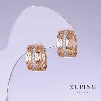 Discount! Xuping Earrings with White Crystals, 15mm Length, 8mm Thickness, 18K Gold Plating