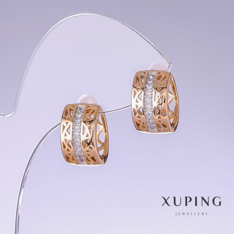 Discount! Xuping Earrings with White Crystals, 15mm Length, 8mm Thickness, 18K Gold Plating