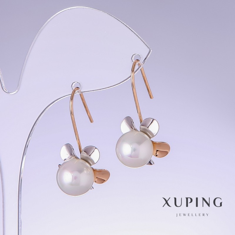 Xuping Earrings 'Flowers with White Mallorca Pearls', length 30mm, thickness 15mm, 18K Gold Plating
