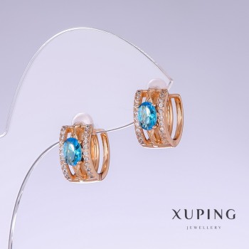 Discount! Xuping Earrings with Blue Zircon 'Topaz', Length 13mm, Thickness 7mm, 18K Plating