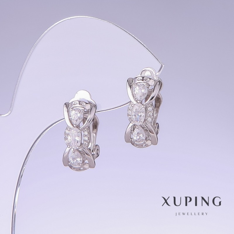 Xuping Earrings with White Cubic Zirconia, 17 mm long, 8 mm thick, Rhodium-Plated