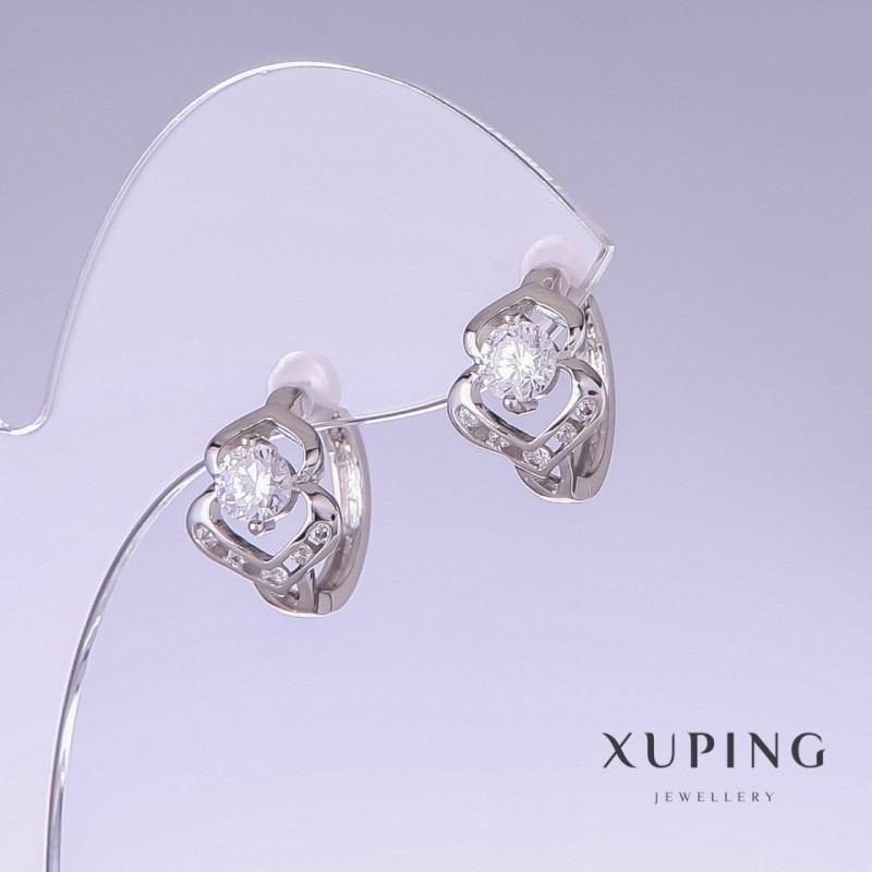Xuping Earrings with White Cubic Zirconia, 15mm Length, 10mm Thickness, Rhodium-Plated
