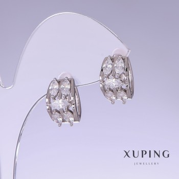 Sale! Xuping Earrings with White Cubic Zirconia, 15mm Length, 10mm Thickness, Rhodium