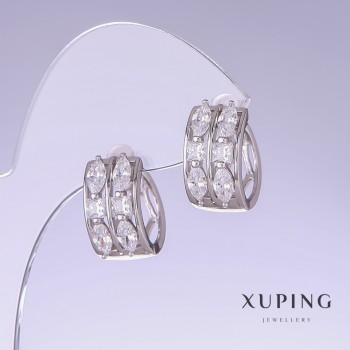 Discount! Xuping Earrings with White Cubic Zirconia, 15 mm Length, 9 mm Thickness, Rhodium