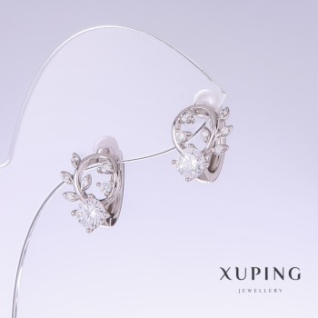 Xuping Earrings with White Zircons, Length 14 mm, Thickness 10 mm Rhodium-Plated
