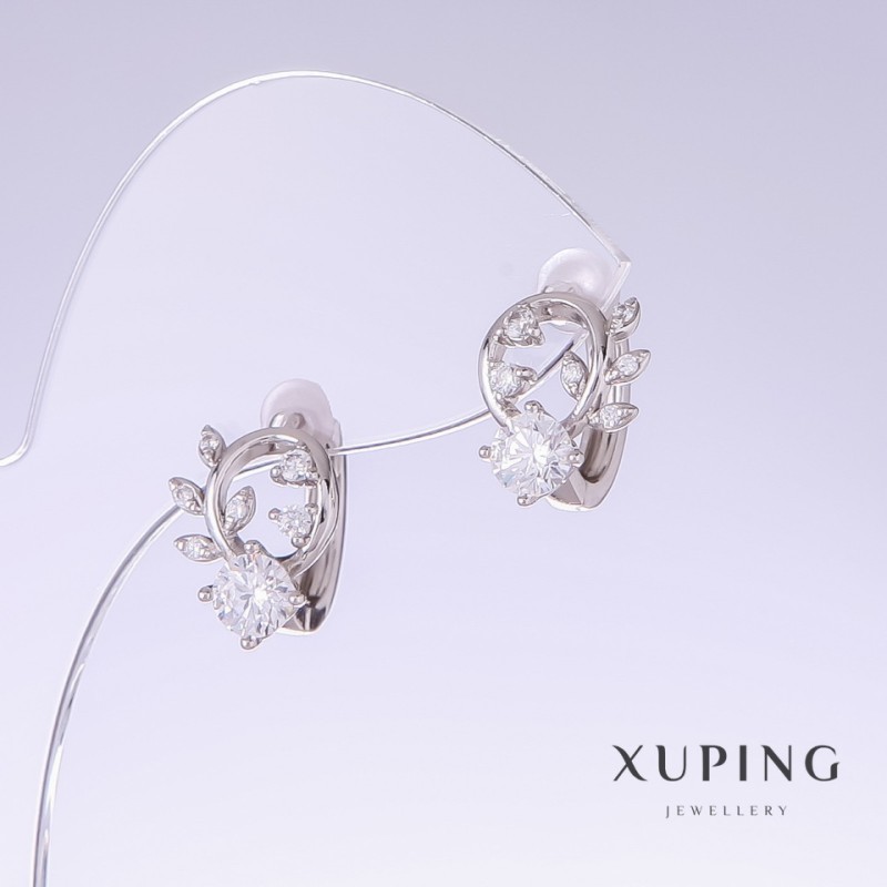 Xuping Earrings with White Zircons, Length 14 mm, Thickness 10 mm Rhodium-Plated
