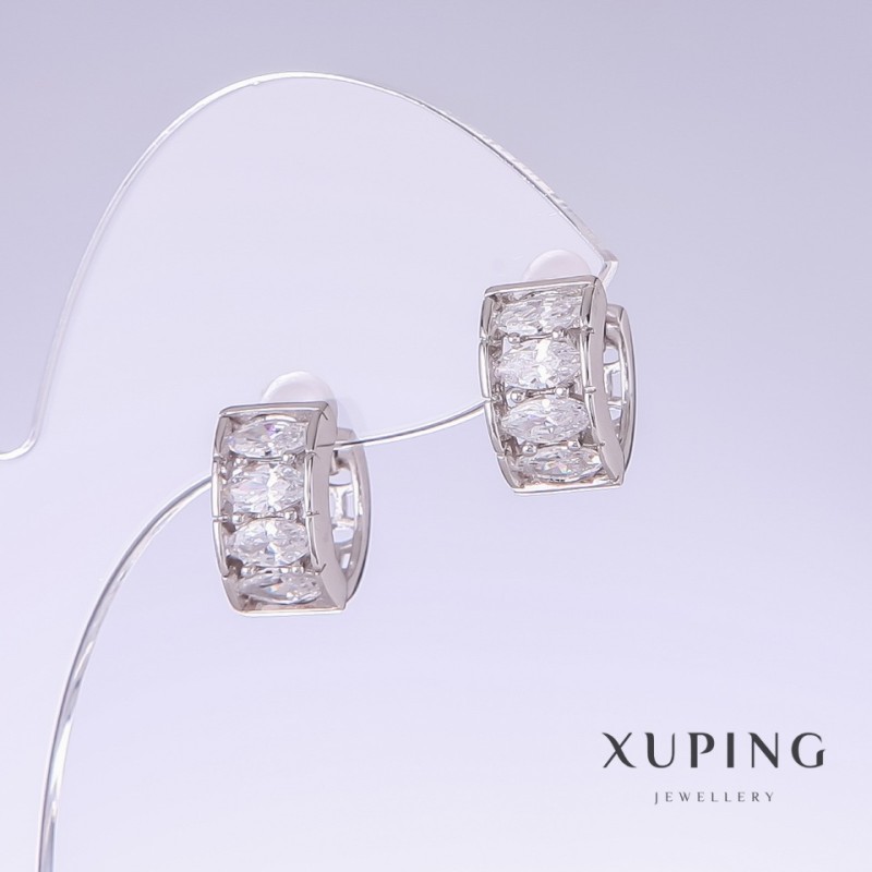 Xuping Earrings with White Zircons, 14mm long, 7mm thick, Rhodium-plated