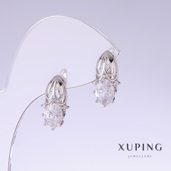 Xuping Earrings with White Zirconia, 17 mm long, 9 mm thick, Rhodium