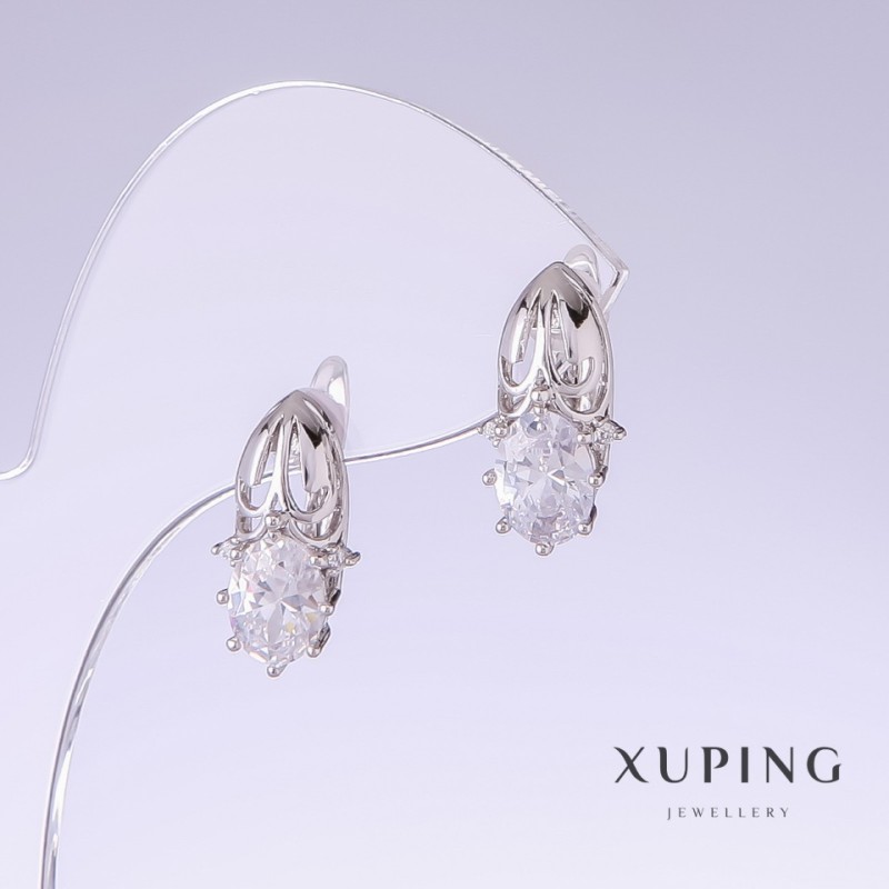 Xuping Earrings with White Zirconia, 17 mm long, 9 mm thick, Rhodium