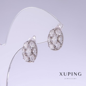 Discount! Xuping Earrings with White Zircons, 14mm Length, 10mm Thickness, Rhodium-Plated