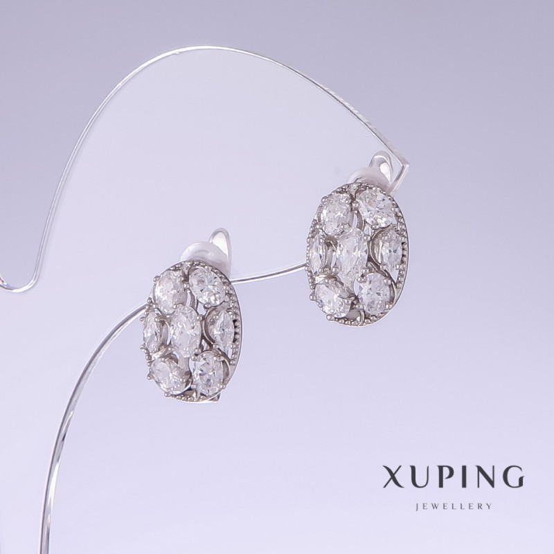 Discount! Xuping Earrings with White Zircons, 14mm Length, 10mm Thickness, Rhodium-Plated