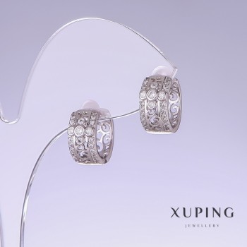 Discount! Xuping Earrings with White Pavé Stones, 14mm Length, 7mm Thickness, Rhodium-plated