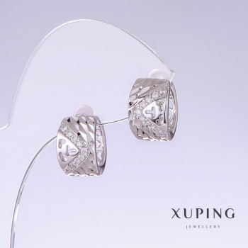 Xuping Earrings with White Pavé Stones, Rhodium Plating, 15 mm Length, 9 mm Thickness