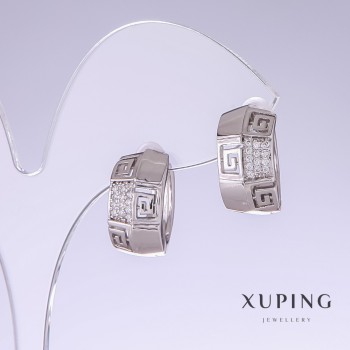 Xuping Earrings with White Rhinestones, 17mm long, 9mm thick, rhodium-plated